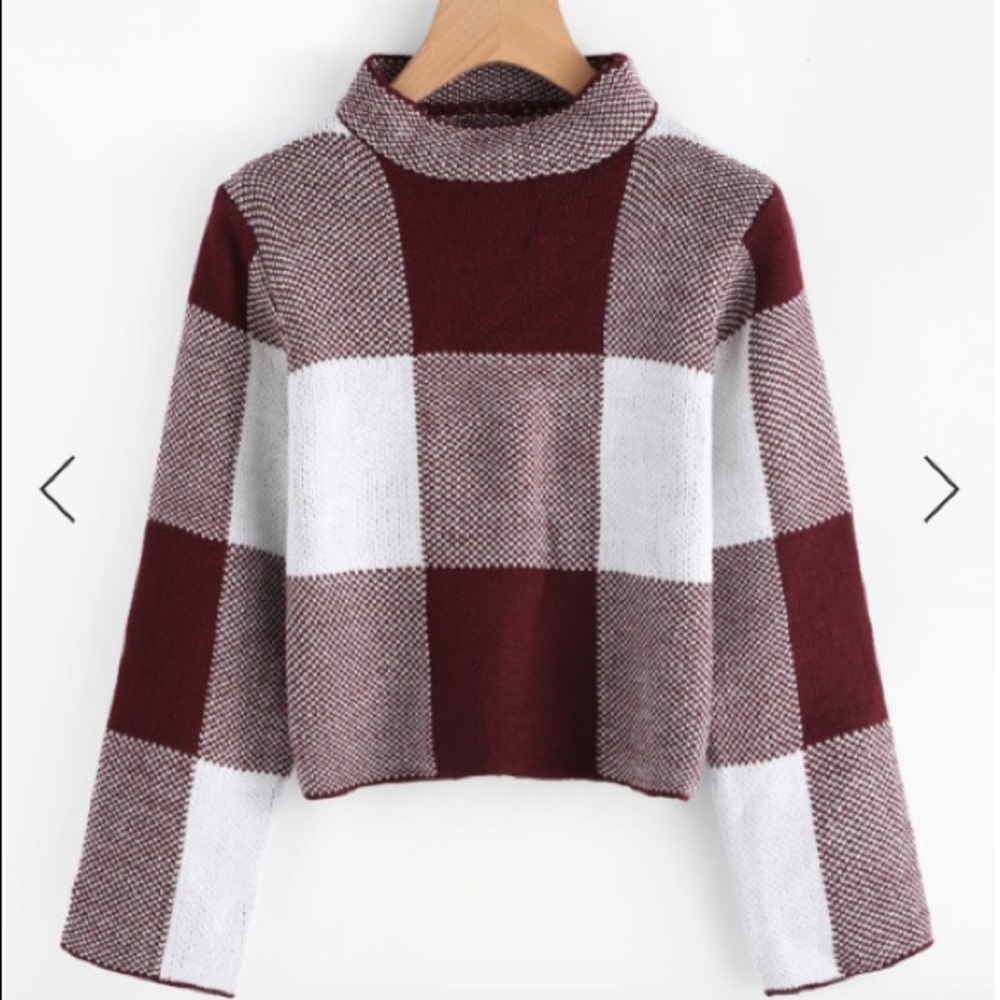 High Neck Gingham Crop Sweater